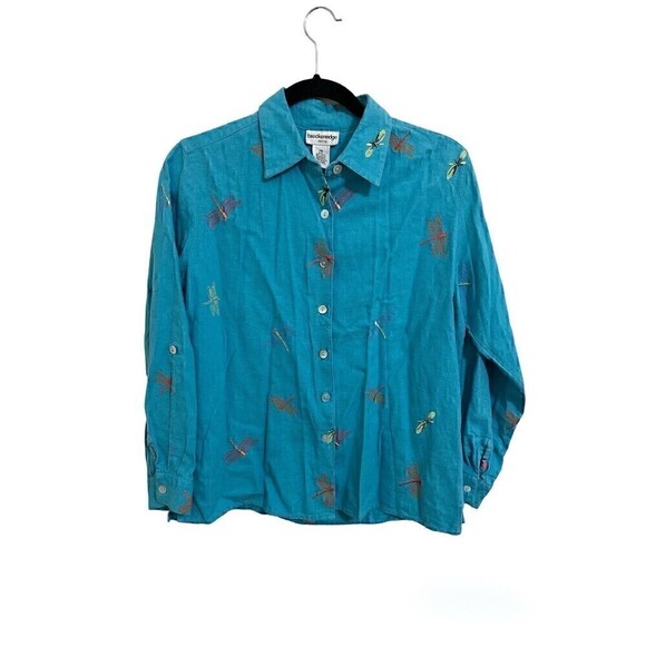 Breckenridge Petite Button Down Size M Womens Linen Dragonfly Long Sleeve Blouse - Picture 1 of 4